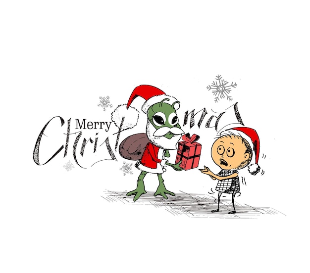 Merry Christmas Background - Cartoon Style Hand Sketchy Drawing of a Funny Little boy Wearing Santa Claus Cap Holding Candy on Hand, vector illustration