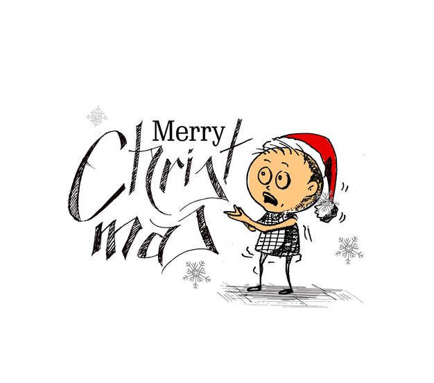 Merry Christmas Background - Cartoon Style Hand Sketchy Drawing of a Funny Little boy Wearing Santa Claus Cap, vector illustration