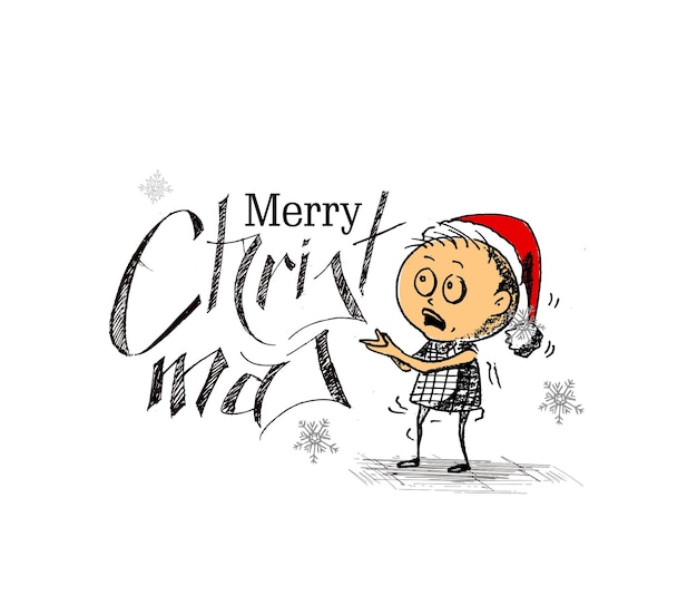Merry Christmas Background - Cartoon Style Hand Sketchy Drawing of a Funny Little boy Wearing Santa Claus Cap, vector illustration