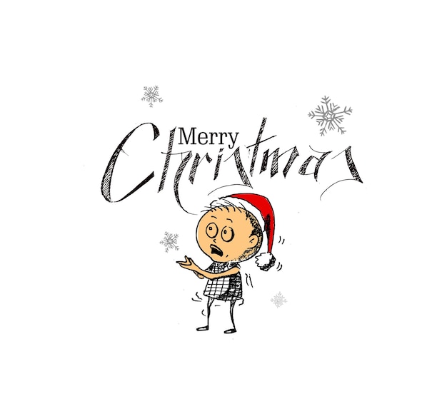 メリークリスマスの背景-サンタクロースの帽子をかぶった面白い小さな男の子の漫画スタイルの手の大ざっぱな描画、ベクトルイラスト
