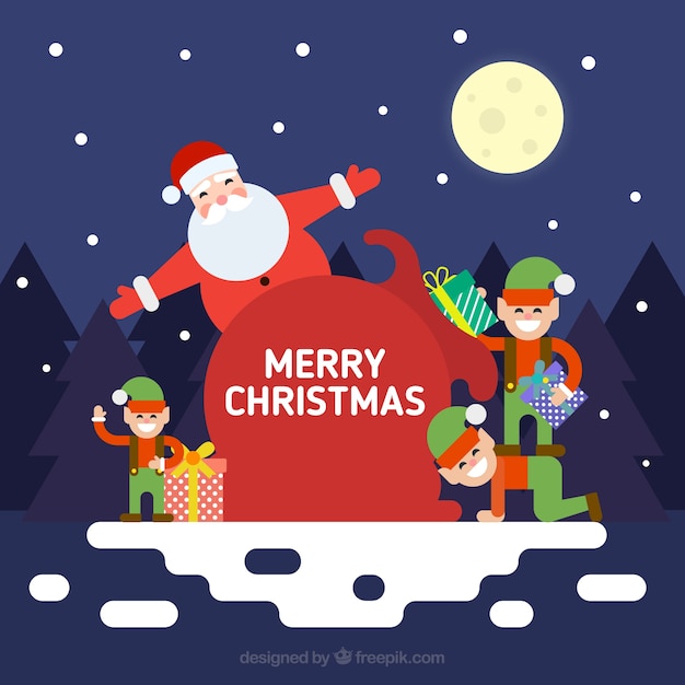 Free vector merry christmas background of santa claus with elfs