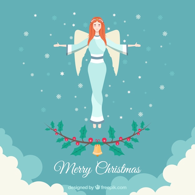 Free vector merry christmas background with an angel in flat design