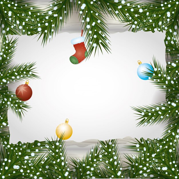 Merry Christmas background with balls and leaves decoration