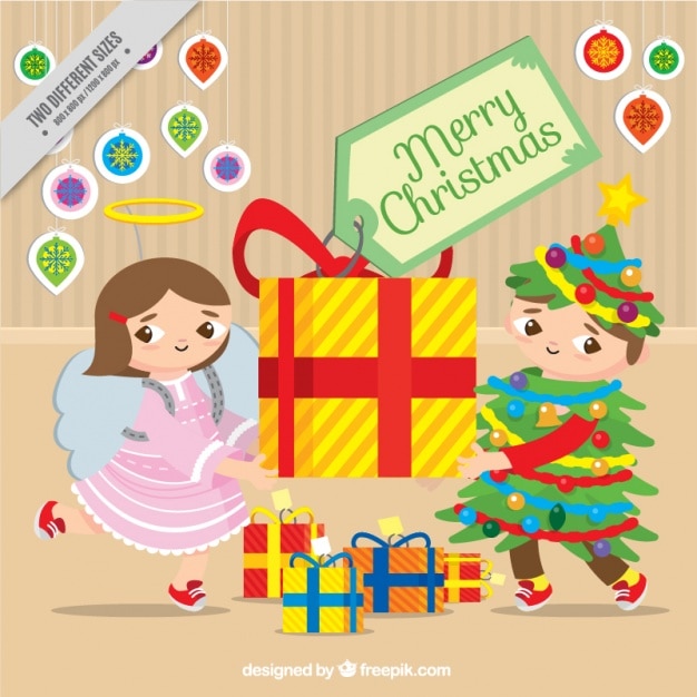 Free vector merry christmas background with children and a big gift