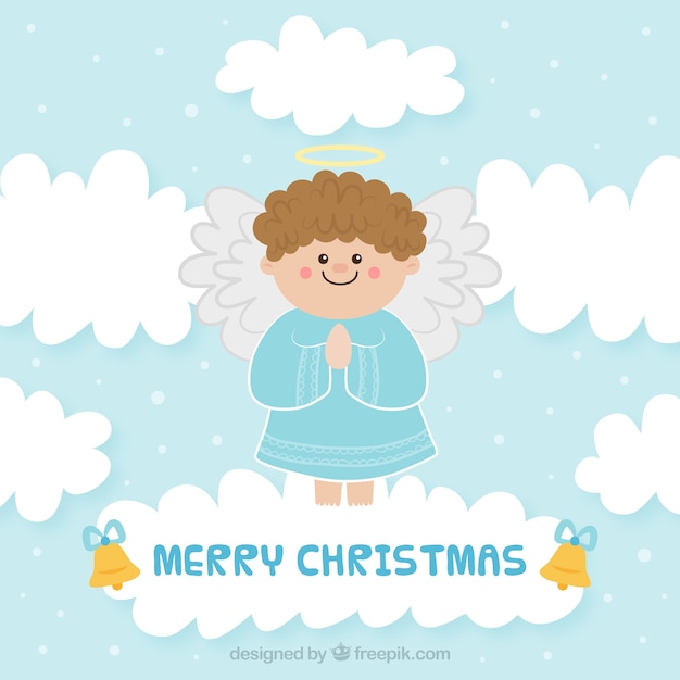 Free vector merry christmas background with a cute angel on a cloud