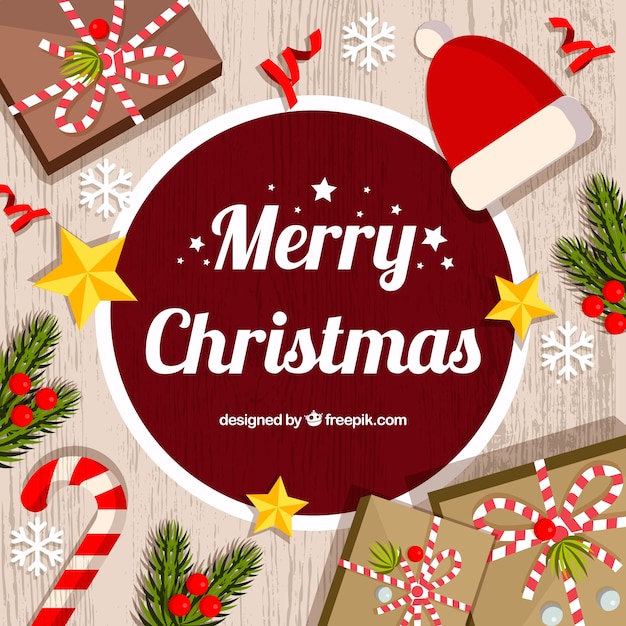 Merry christmas background with decorative elements and gifts