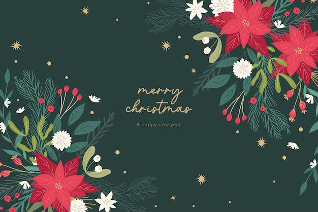 Merry christmas background with hand drawn floral ornaments