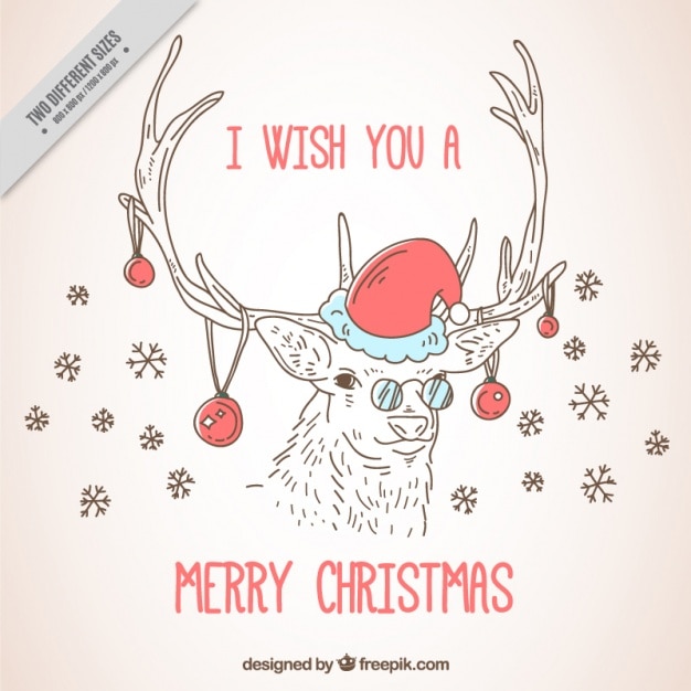 Free vector merry christmas background with hand drawn reindeer and santa hat