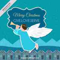 Free vector merry christmas background with houses and angel