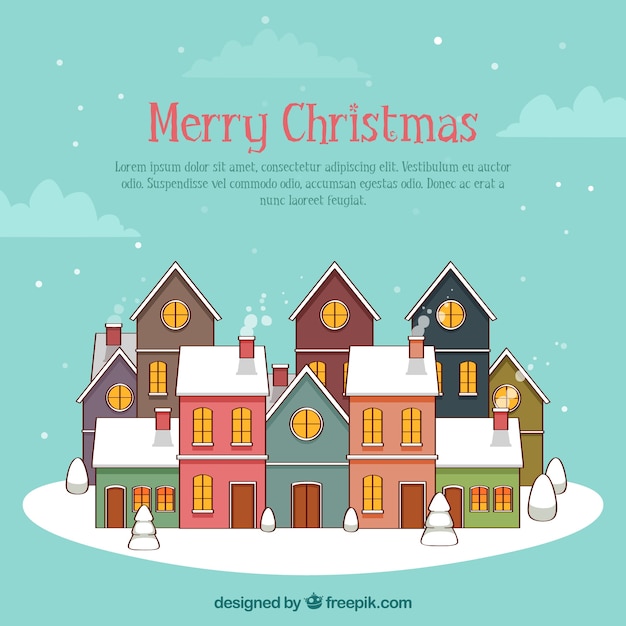 Merry christmas background with houses in linear style