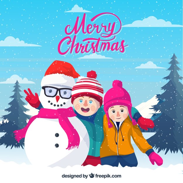 Merry christmas background with kids and their snowman