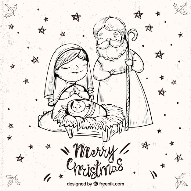 Free vector merry christmas background with nativity scene sketch