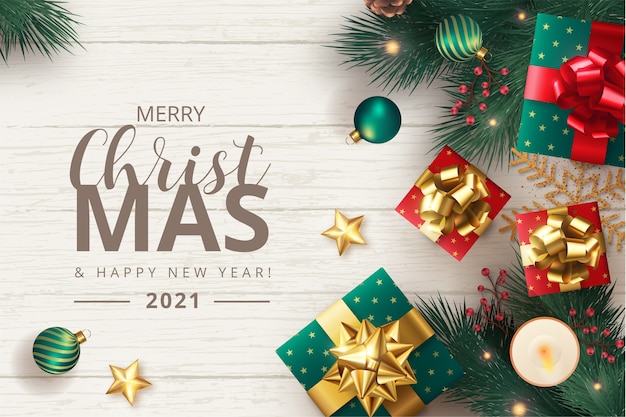 Free vector merry christmas background with realistic ornaments and presents