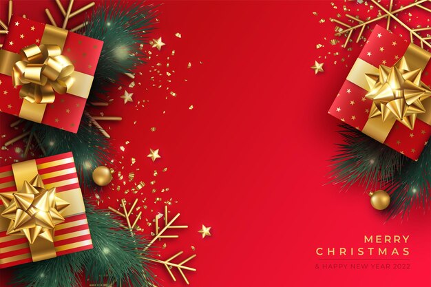 Merry Christmas Background with realistic presents and ornaments