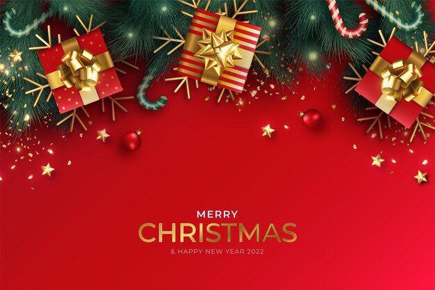 Merry Christmas Background with realistic presents and ornaments