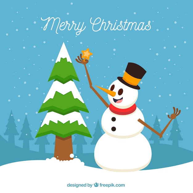 Merry christmas background with snowman and snowy tree