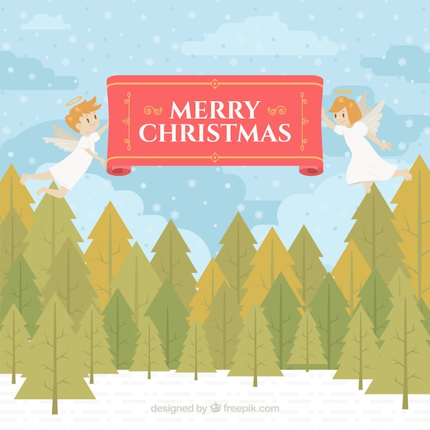 Free vector merry christmas background with two angels in a forest