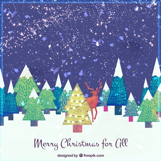 Merry christmas background with watercolor pretty snowy pines forest