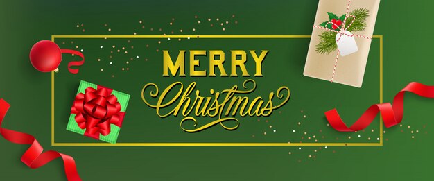 Design di banner di buon natale. bauble, scatole regalo