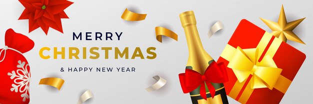 Merry Christmas banner design with champagne and gift box