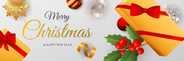 Merry Christmas banner design with packaged gift boxes