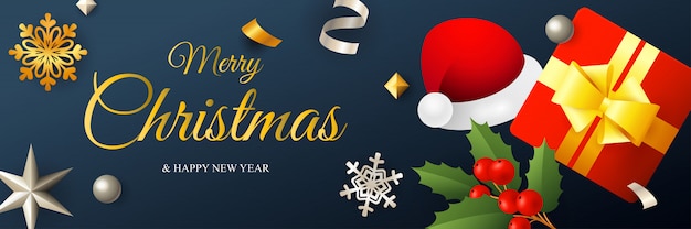 Merry Christmas banner design with Santa hat and gift box
