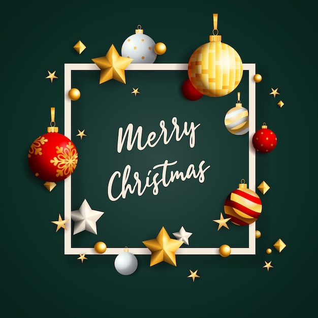 Merry Christmas banner in frame with balls on green ground