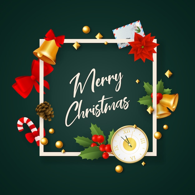 Merry Christmas banner in frame with decor on green ground