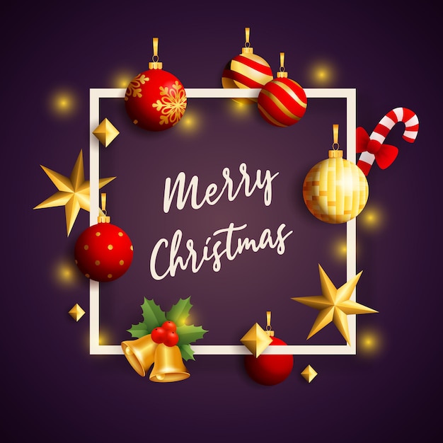 Merry christmas banner in frame with decor on violet ground