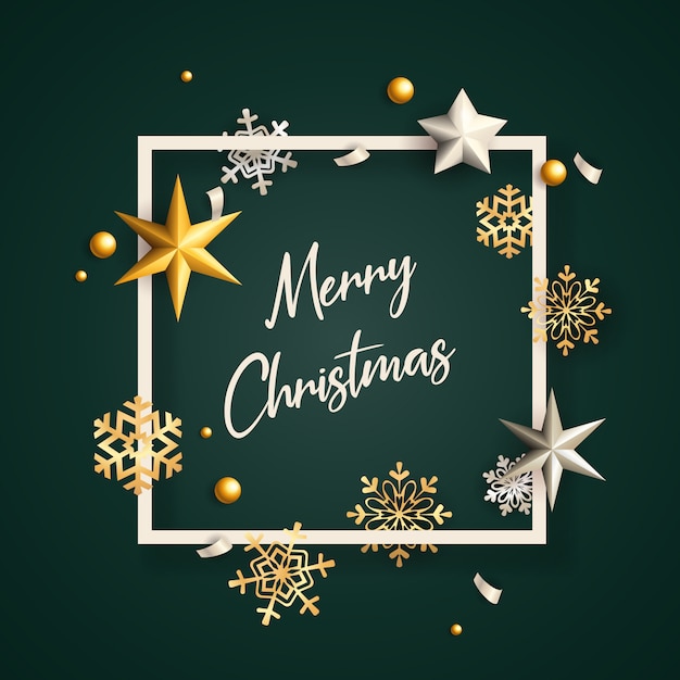 Merry Christmas banner in frame with flakes on green ground