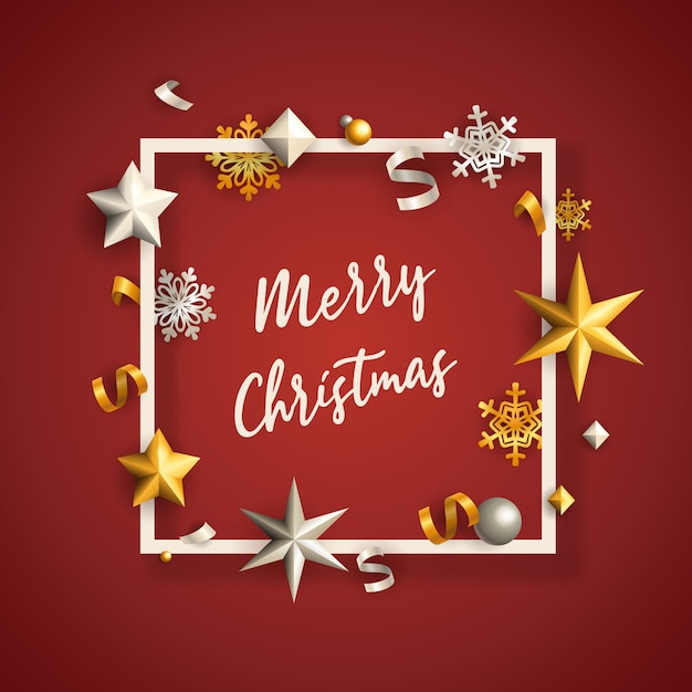 Merry Christmas banner in frame with stars on red ground