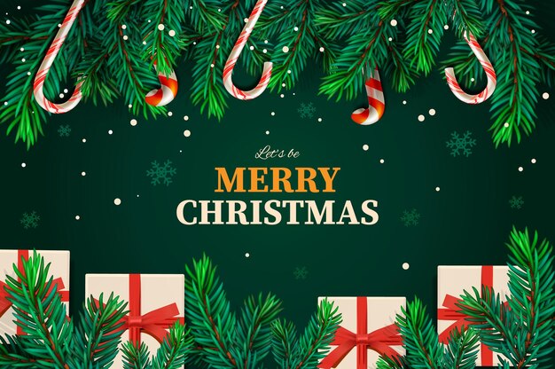 Merry christmas banner spruce branch with hanging lollipops and gift boxes vector image