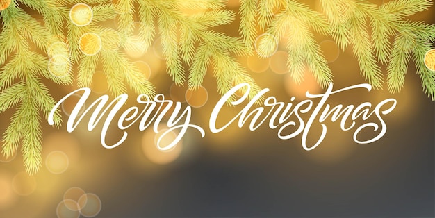 Merry christmas banner vector template. realistic fir tree branch with pinecone on blue background with bokeh effect. xmas lettering with shadow and glowing golden sparkles. poster, postcard design