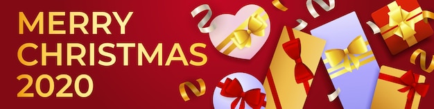 Merry christmas banner with abundance of gift boxes