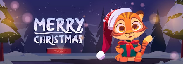 밤에 겨울 숲에서 빨간 산타 클로스 모자에 귀여운 호랑이와 함께 메리 크리스마스 배너. 눈이 있는 숲 풍경과 선물 상자가 있는 재미있는 새끼 고양이의 만화 삽화가 있는 벡터 전단지