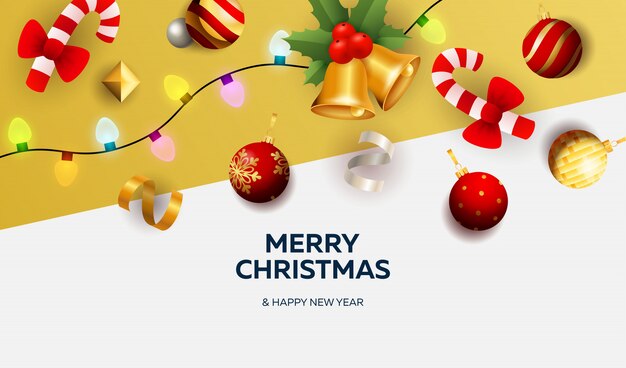 Merry Christmas banner with decor on white and yellow ground