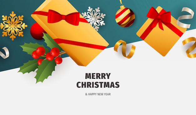 Бесплатное векторное изображение Счастливого рождества баннер с подарками на белом и синем фоне