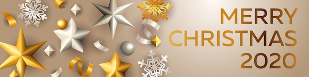 Free vector merry christmas banner with silver and golden stars