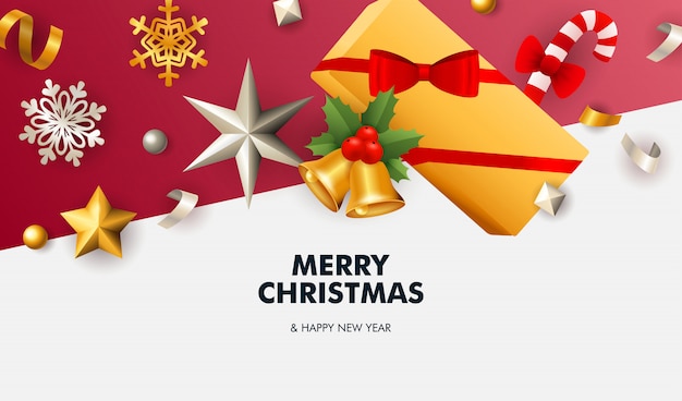 Free vector merry christmas banner with stars on white and red ground