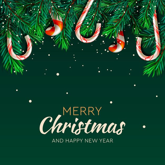 Merry christmas banner xmas party spruce branch with hanging lollipops vector illustration
