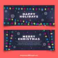 Free vector merry christmas banners with garlands of lights