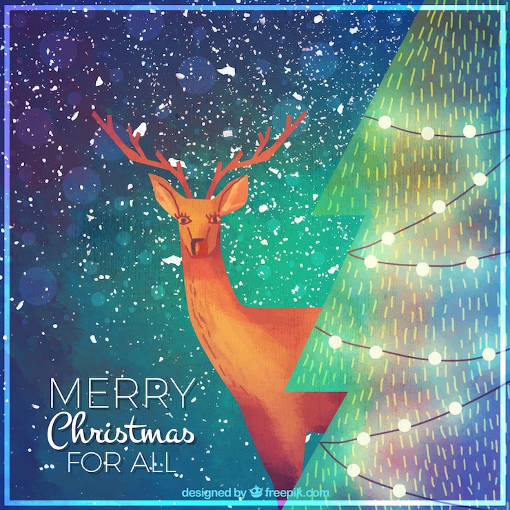 Free Vector merry christmas card of reindeer and watercolor tree in vintage style