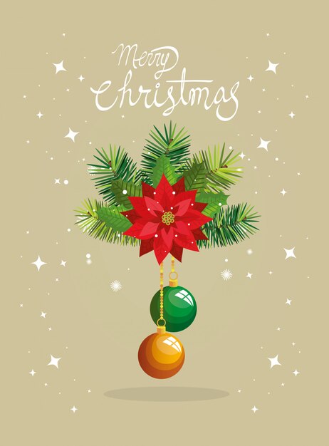 Merry christmas card with flower and balls hanging