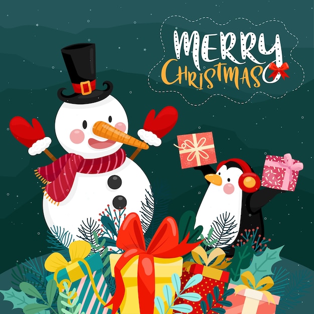 Merry christmas card with gift box, penguin and snowman on snow and pine