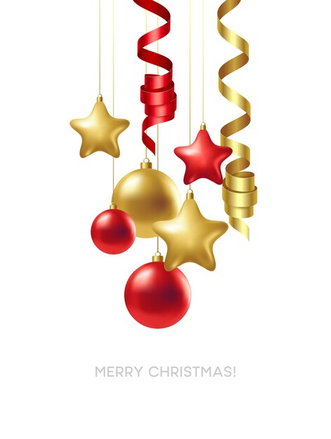 金と赤のボールとメリークリスマスカード。ベクターイラストEPS10
