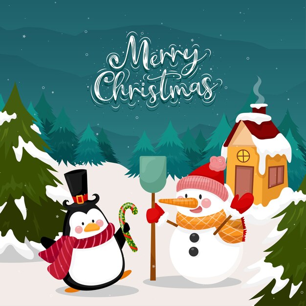 雪と松の上のペンギンと雪だるまとメリークリスマスカード