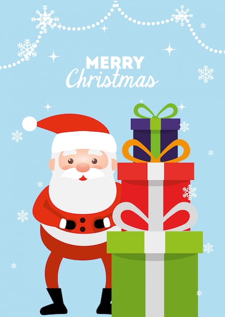 Merry christmas card with santa claus and gift boxes