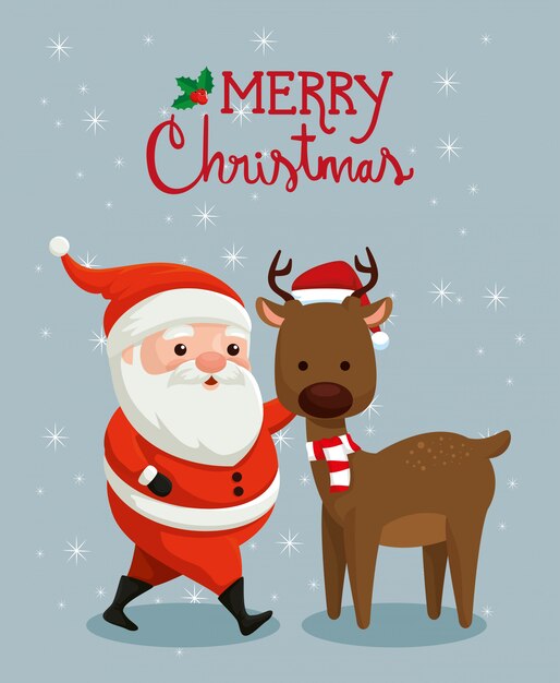 Merry christmas card with santa claus and reindeer