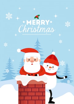Merry christmas card with santa claus and snowman in chimney