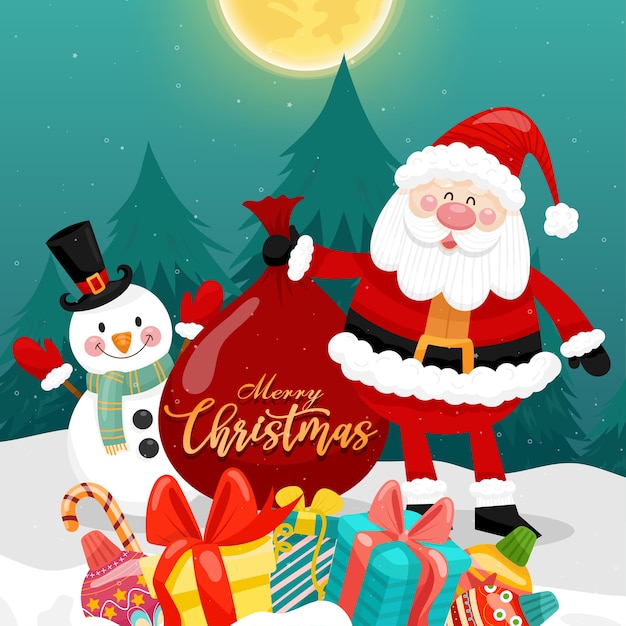 Merry Christmas card with santa, snowman and gift box.